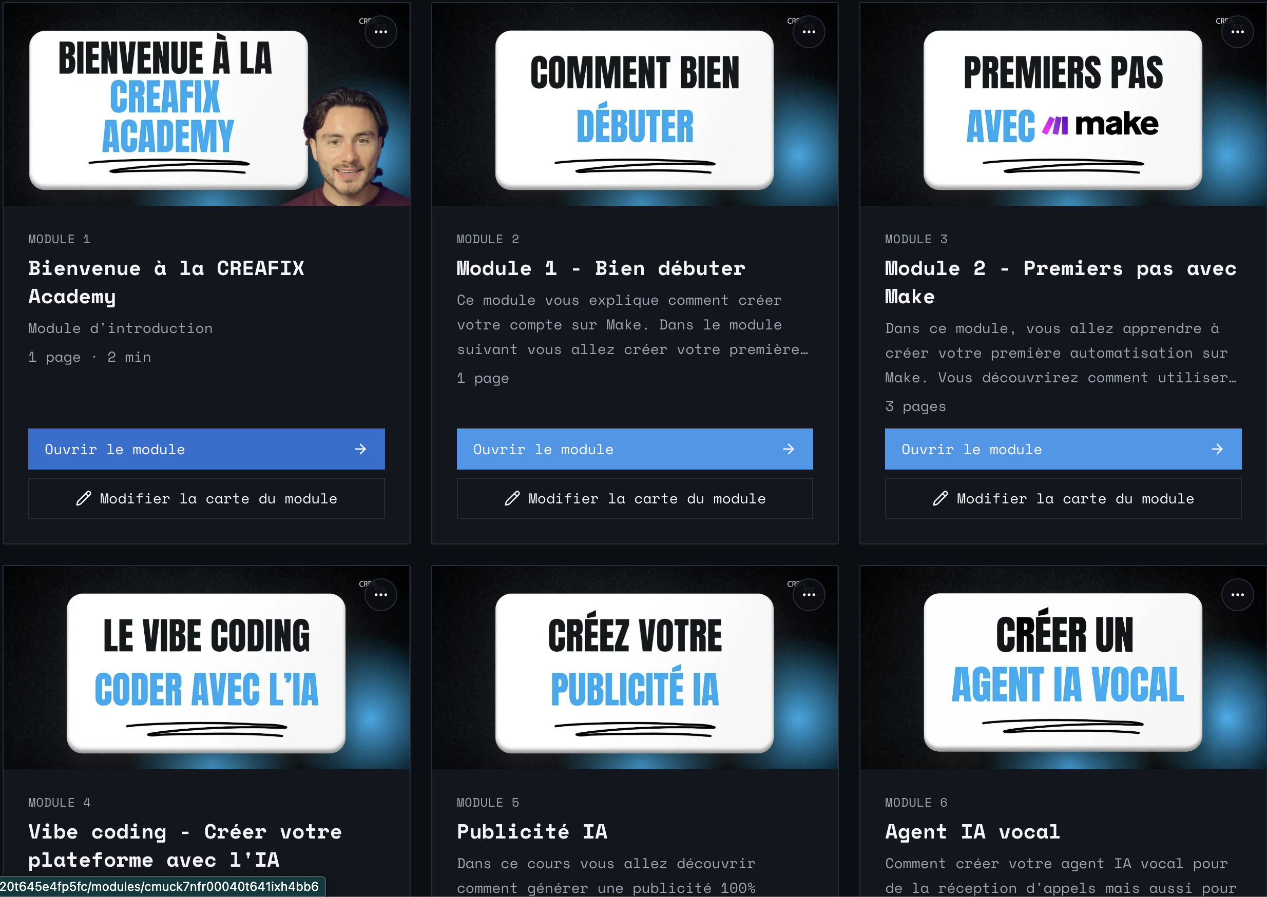 Aperçu des six premiers modules CREAFIX Academy : bienvenue, Make, vibe coding, publicité IA et agent IA vocal.